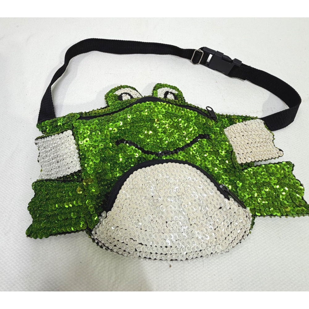 Vintage Green Sequin Frog Fanny Pack Novelty Waist Bag One Size RN 90965